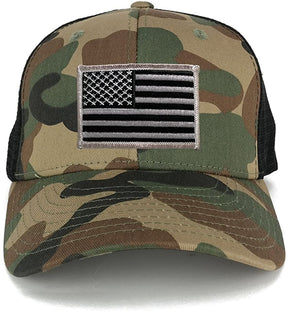 US American Flag Embroidered Iron on Patch Adjustable Camo Trucker Cap - WWB - Black Grey