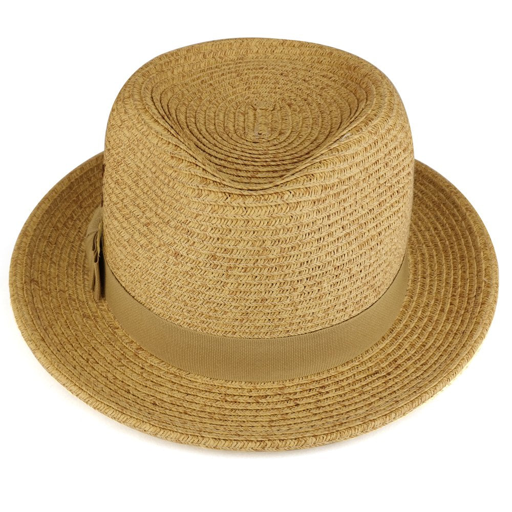 Armycrew Paper Straw Wide Brim Fedora Hat with Grosgrain Band and Feather