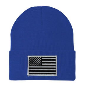 Made in USA - Black White American Flag Embroidered Patch Long Cuff Beanie