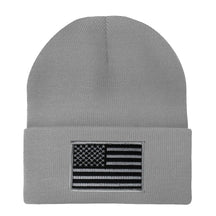 Made in USA - Black Grey American Flag Embroidered Patch Long Cuff Beanie