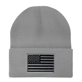 Made in USA - Black Grey American Flag Embroidered Patch Long Cuff Beanie