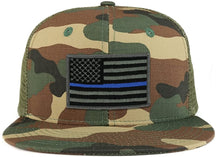 Thin Blue American Flag Iron on Patch Flat Bill Ripstop Trucker Mesh Cap