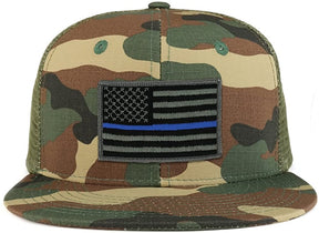 Thin Blue American Flag Iron on Patch Flat Bill Ripstop Trucker Mesh Cap