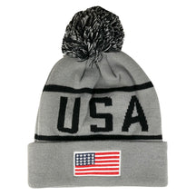 Armycrew USA Pom Pom Stylish Acrylic Cuff Winter Beanie Hat - Flag Patch - Grey Black