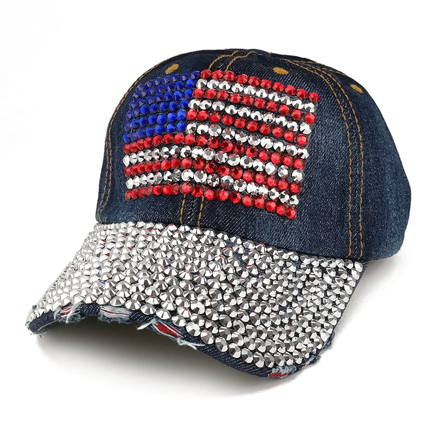 USA Stylish Rhinestone Bling Bedazzled American Flag Cotton Denim Adjustable Cotton Cap