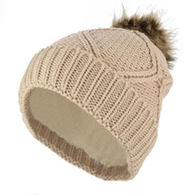 Diamond Pattern Pom Pom Cuffed Winter Knit Beanie Hat