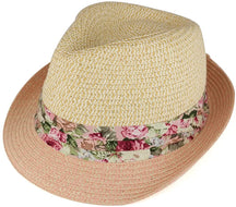 Armycrew Ladies Two Tone Paper Straw Fedora Hat with Floral Print Hatband