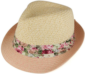 Armycrew Ladies Two Tone Paper Straw Fedora Hat with Floral Print Hatband