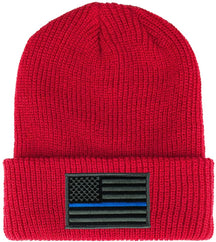 Armycrew Thin Blue Line American Flag Embroidered Patch Ribbed Cuffed Knit Beanie - Black