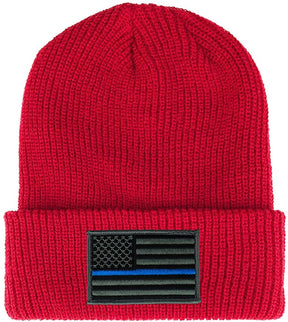 Armycrew Thin Blue Line American Flag Embroidered Patch Ribbed Cuffed Knit Beanie - Black