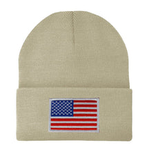 Made in USA - White American Flag Embroidered Patch Long Cuff Beanie
