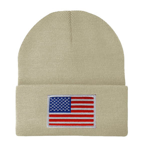 Made in USA - White American Flag Embroidered Patch Long Cuff Beanie