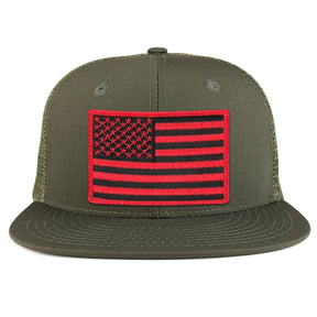 Black Red American Flag Iron on Patch Flat Bill Ripstop Trucker Mesh Cap