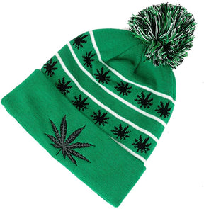 Marijuana Leafs Pom Pom Acrylic Beanie Hat - Kelly Green Black - WB071-86