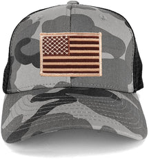 US American Flag Embroidered Iron on Patch Adjustable Urban Camo Trucker Cap - UUB - Black Grey