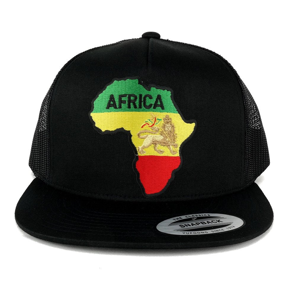 5 Panel RGY Africa Map and Rasta Lion Embroidered Patch Flat Bill Mesh Snapback