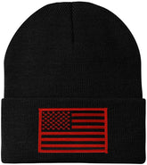 Made in USA - Black RED American Flag Embroidered Patch Long Cuff Beanie