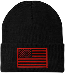 Made in USA - Black RED American Flag Embroidered Patch Long Cuff Beanie