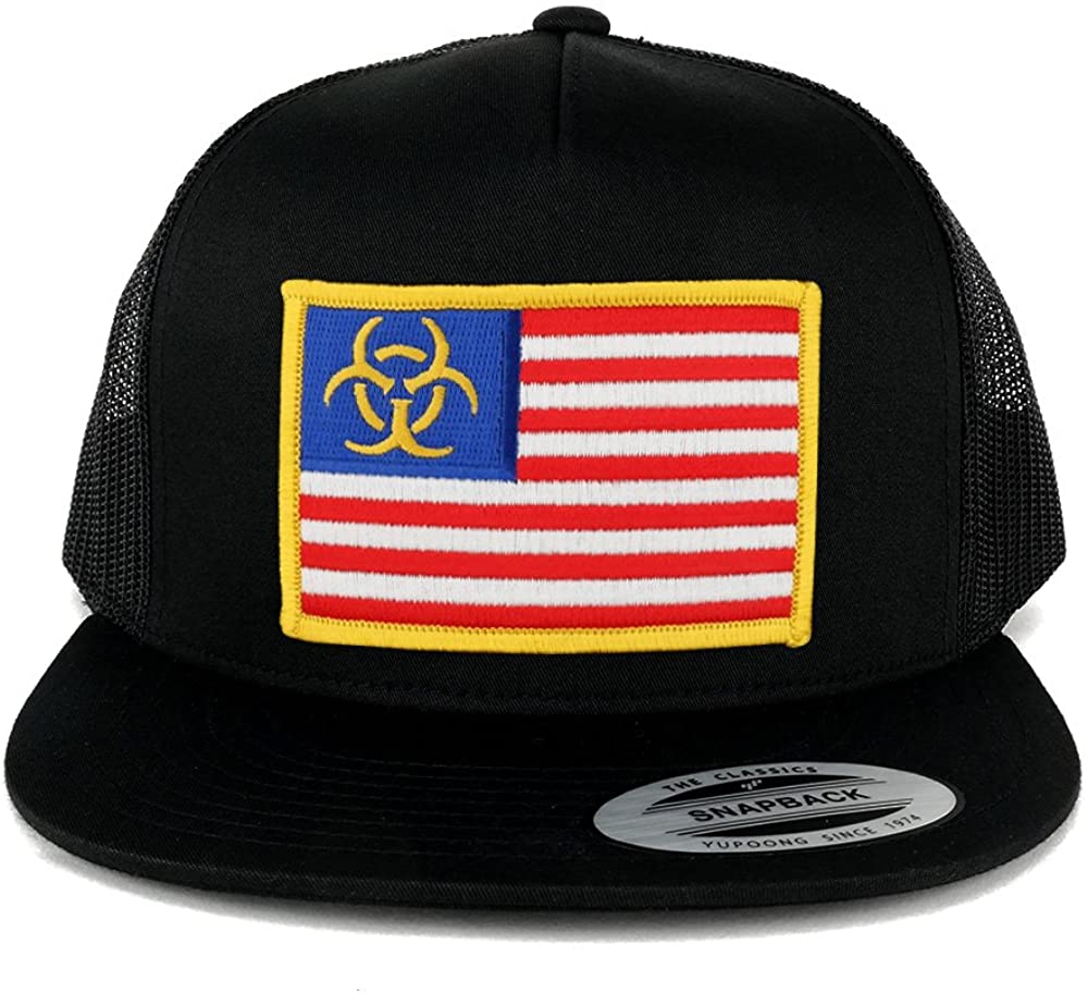 5 Panel Biohazard Yellow American Flag Embroidered Patch Flat Bill Mesh Snapback