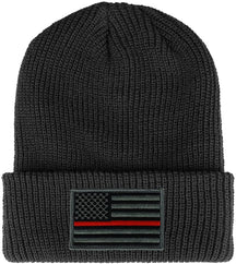Thin RED Line American Flag Embroidered Patch Ribbed Cuffed Knit Beanie - Black
