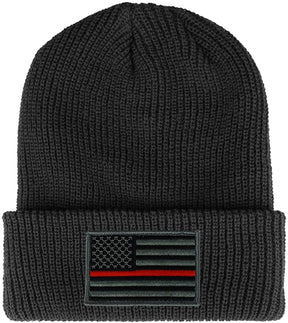 Thin RED Line American Flag Embroidered Patch Ribbed Cuffed Knit Beanie - Black