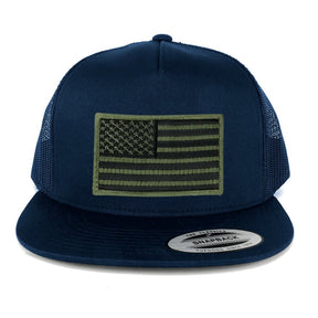 Flexfit 5 Panel American Flag Patched Snapback Mesh Back Navy Cap
