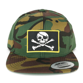 FLEXFIT Jolly Rogers Military Skull Embroidered Iron on Patch Flat Bill Snapback Cap - CAMO