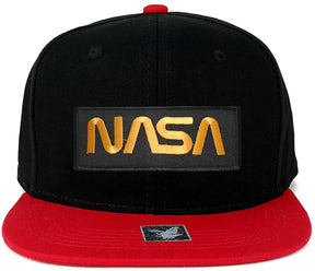 NASA Worm Gold Text Embroidered Iron on Patch Two-Tone Snapback Cap - Black RED