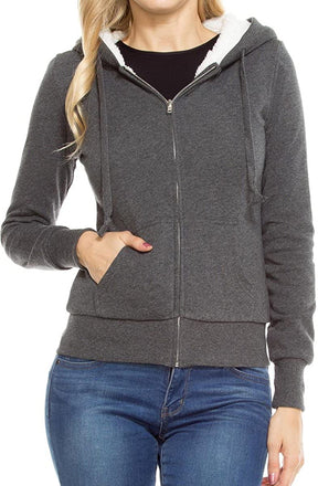 Ladies Soft Warm Sherpa Lined Full Zip Hoodie Sweater Jacket