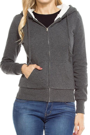 Ladies Soft Warm Sherpa Lined Full Zip Hoodie Sweater Jacket