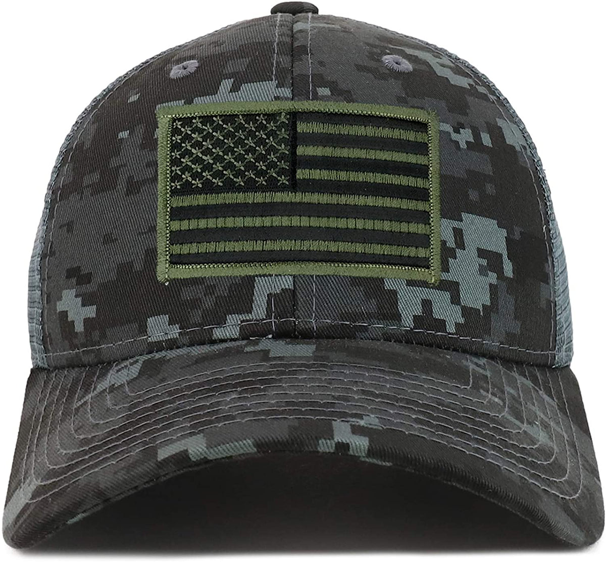 Armycrew Black Olive American Flag Patch Camouflage Structured Mesh Trucker Cap - NTG