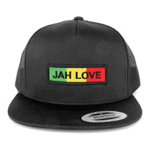 5 Panel Jah Love Green Yellow Red Embroidered Iron On Patch Flat Bill Mesh Snapback