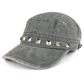 Distressed Flat Top Metallic Studded Frayed Cadet Style Army Cap
