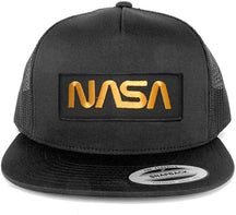 Flexfit 5 Panel NASA Worm Gold Text Embroidered Patch Snapback Mesh Trucker Cap