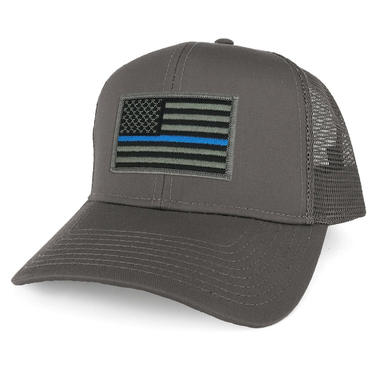 Armycrew XXL Oversize Thin Blue Line USA Flag Patch Mesh Back Trucker Baseball Cap - Black