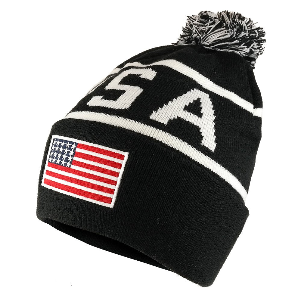 Armycrew USA Pom Pom Stylish Acrylic Cuff Winter Beanie Hat - Flag Patch - Black White
