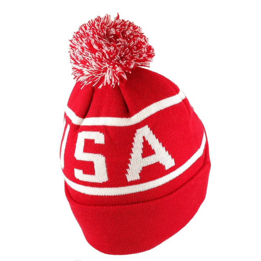 Armycrew USA Pom Pom Stylish Acrylic Cuff Winter Beanie Hat - Flag Patch - Red White