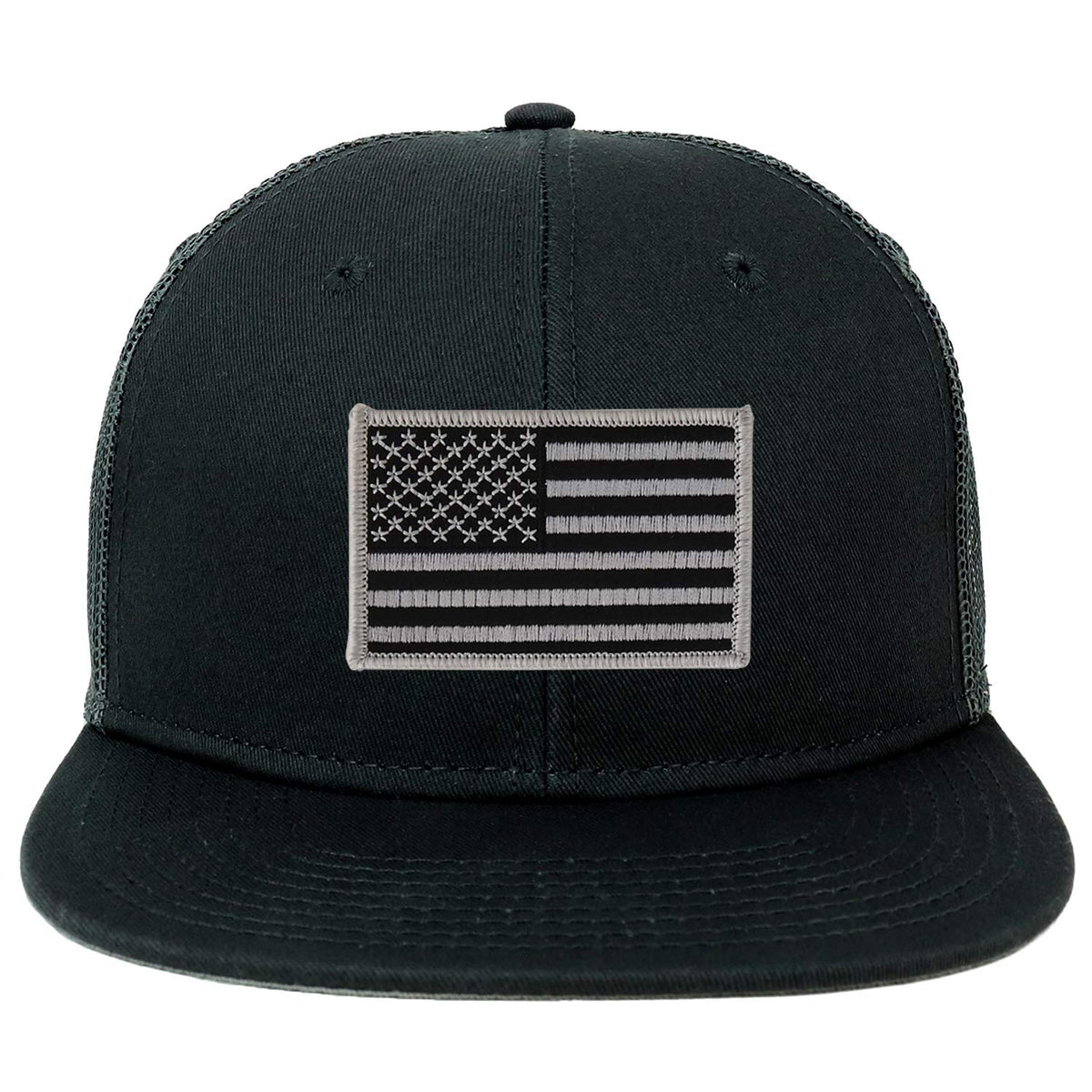 Armycrew Oversize XXL Black Grey USA Flag Patch Flatbill Mesh Snapback Cap - Black - 2XL