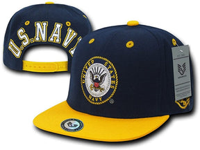 Military Retro Flat Bill Snapback Embroidered Cap - Navy
