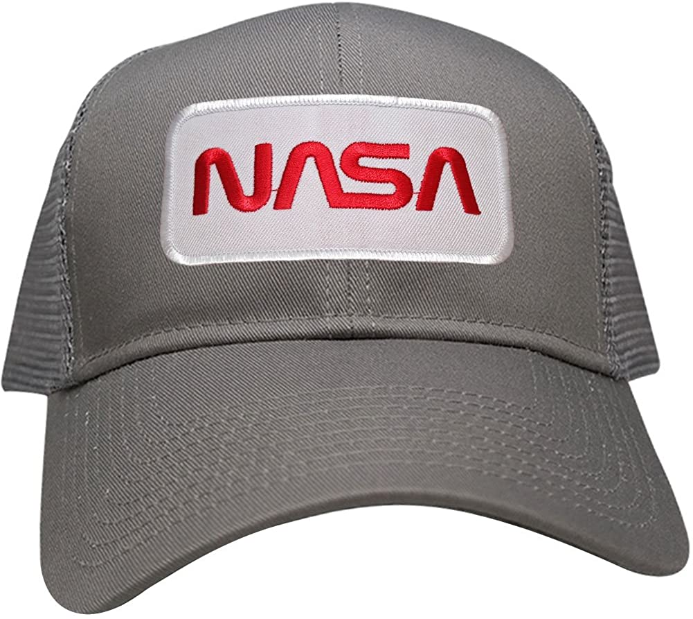 NASA Worm Red Text Embroidered Iron On Patch Snapback Trucker Mesh Cap - Black