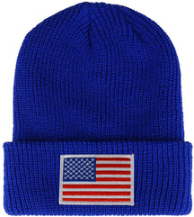 Armycrew White American Flag Embroidered Patch Ribbed Cuffed Knit Beanie - Black
