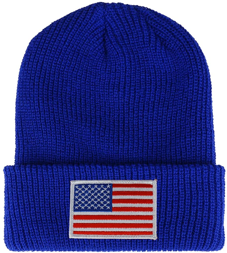 Armycrew White American Flag Embroidered Patch Ribbed Cuffed Knit Beanie - Black