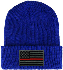 Thin RED Line American Flag Embroidered Patch Ribbed Cuffed Knit Beanie - Black