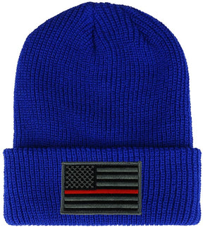 Thin RED Line American Flag Embroidered Patch Ribbed Cuffed Knit Beanie - Black