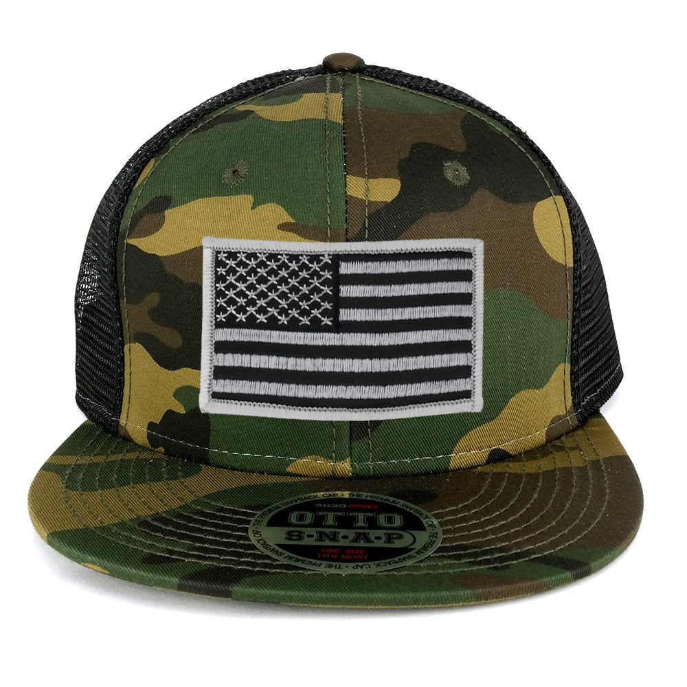 USA American Flag Iron On Patch Adjustable Camo Mesh Cap - CAMO Black - Black Grey