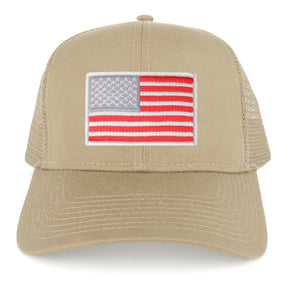 USA American Flag Embroidered Patch Snapback Mesh Trucker Cap - KHAKI