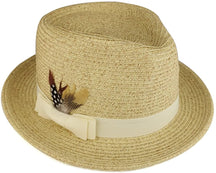 Armycrew Paper Straw Wide Brim Fedora Hat with Grosgrain Band and Feather