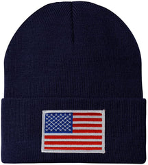 Made in USA - White American Flag Embroidered Patch Long Cuff Beanie