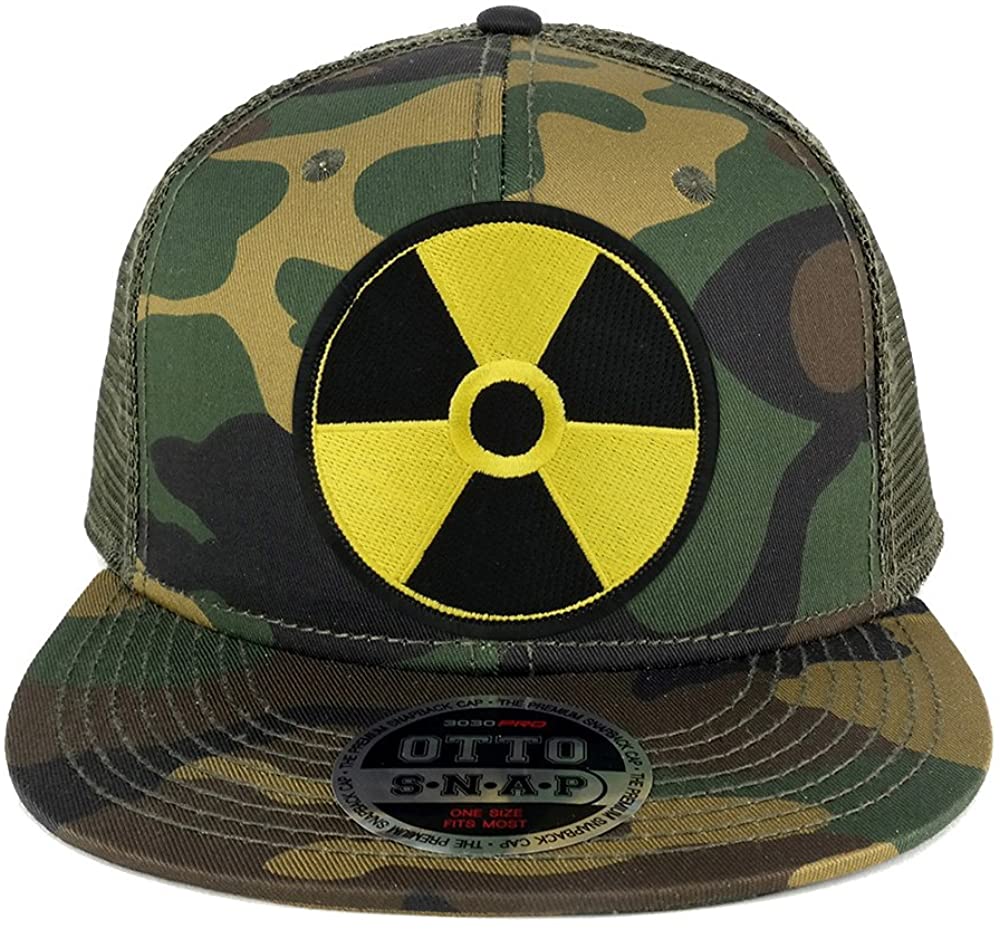 Armycrew Radiation Circular Black Yellow Embroidered Patch Camo Flat Bill Snapback Mesh Cap