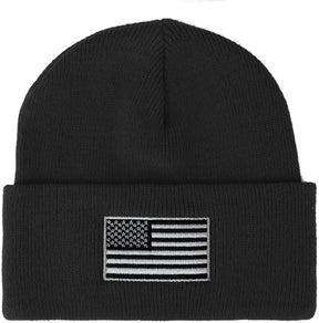 Armycrew Made in USA Grey American Flag Embroidered Knit Cuff Long Beanie